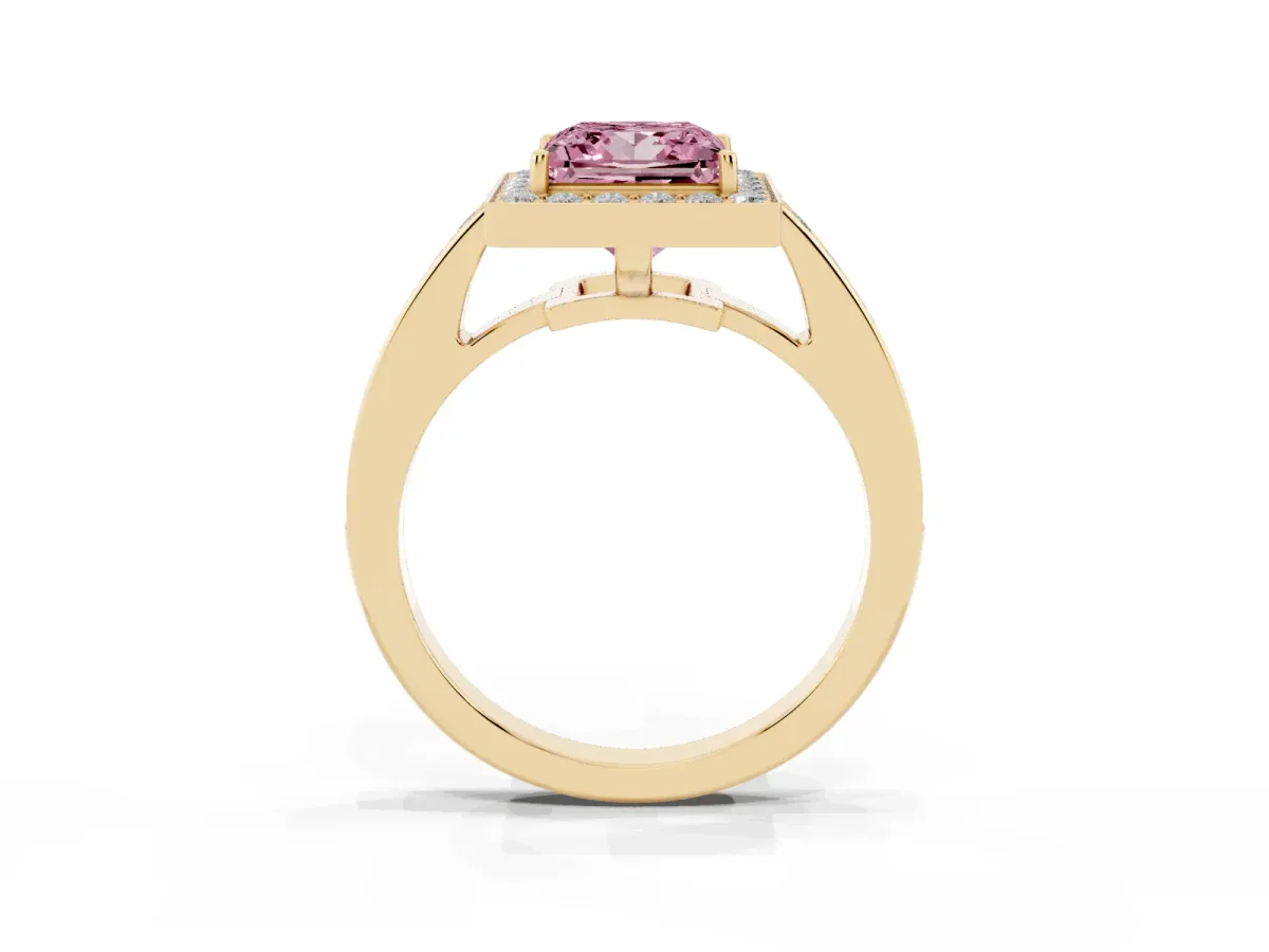 Fancy Pink Princess Cut Halo Pavé Diamond Engagement Ring with Bezel Setting Yellow gold