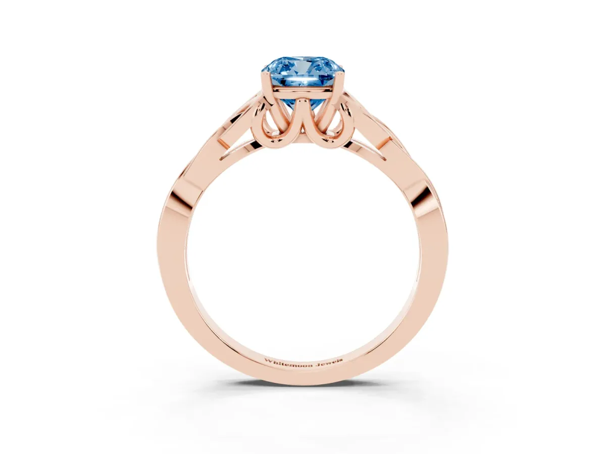 Fancy Blue Cushion Cut Diamond Solitaire Engagement Ring with Celtic Knot Band and Four-Prong Setting Rose gold