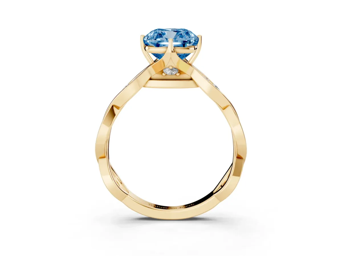 Fancy Blue Cushion Cut Solitaire Twist Band with Leaf Prong Setting Yellow gold