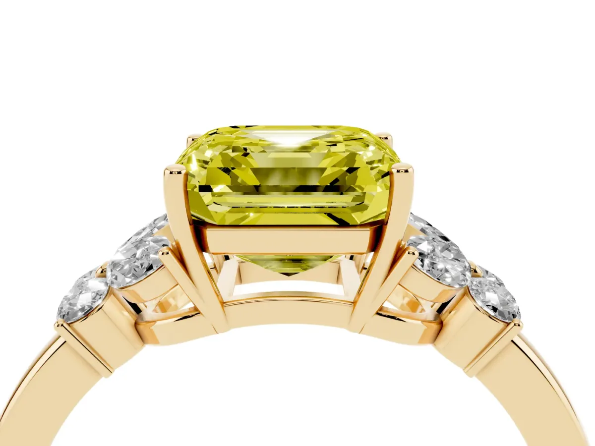 Fancy Yellow Asscher Cut Cut Solitaire Floral Diamond Ring with Four-Prong Setting Yellow gold