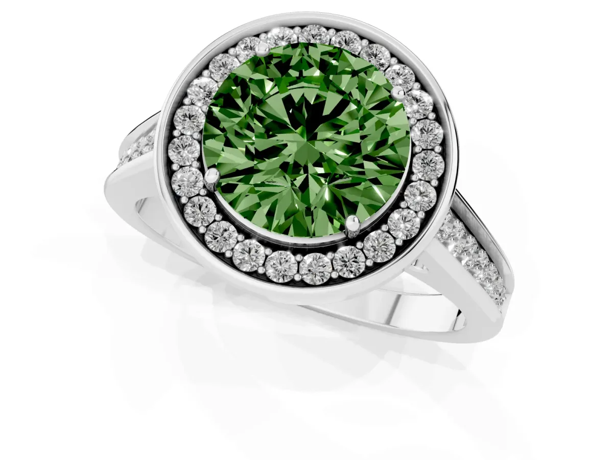 Fancy Green Round Cut Halo Solitaire Diamond Ring with Pave Band and Bezel Setting Silver