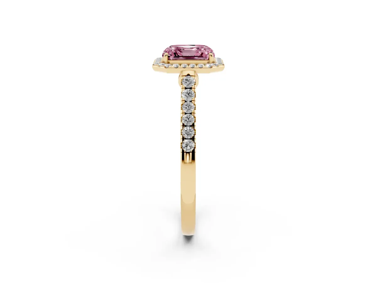 Fancy Pink Asscher Cut Halo Pave Diamond Engagement Ring with Four-Prong Setting Yellow gold