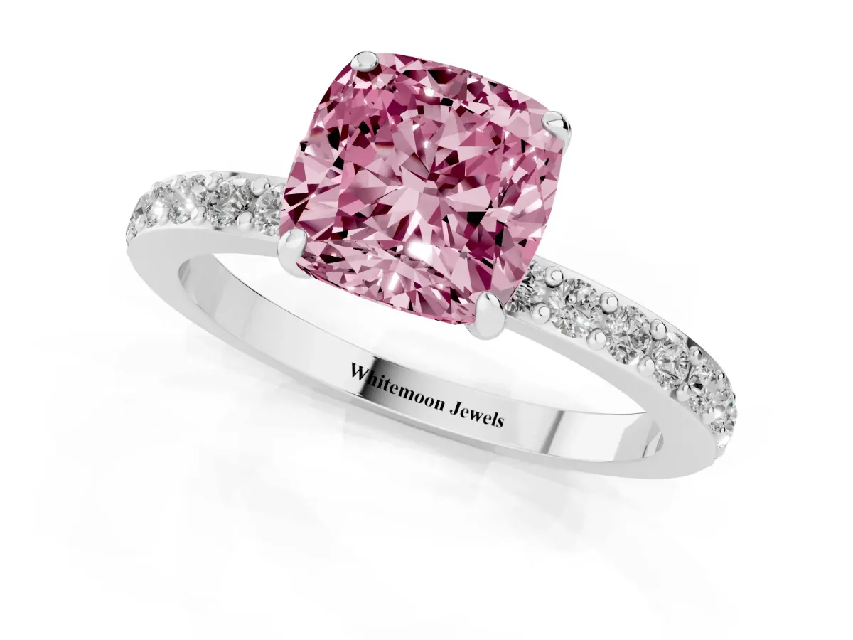 Fancy Pink Cushion Cut Diamond Pavé Engagement Ring with Round Accents and Prong Setting Silver