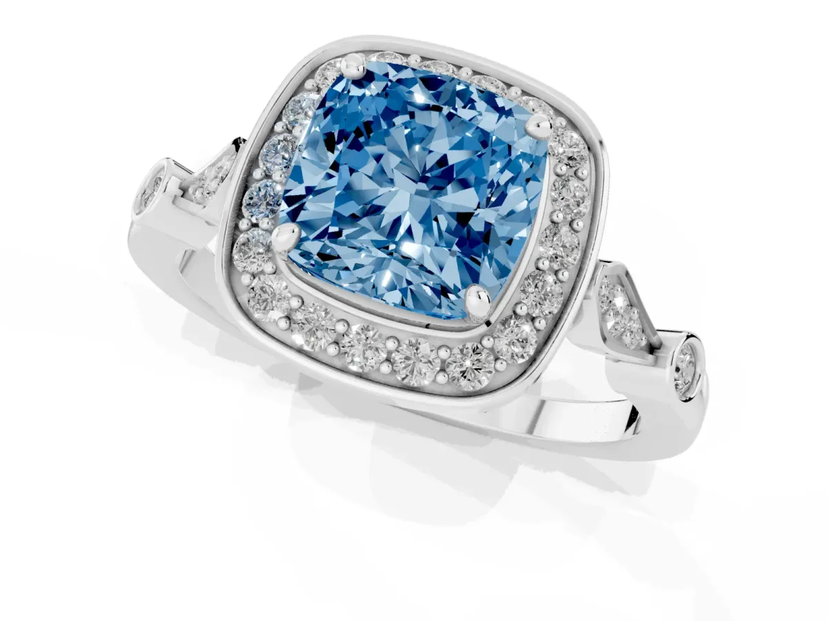 Fancy Blue Cushion Cut Halo Diamond Engagement Ring with Twisted Band and Four-Prong Setting Silver