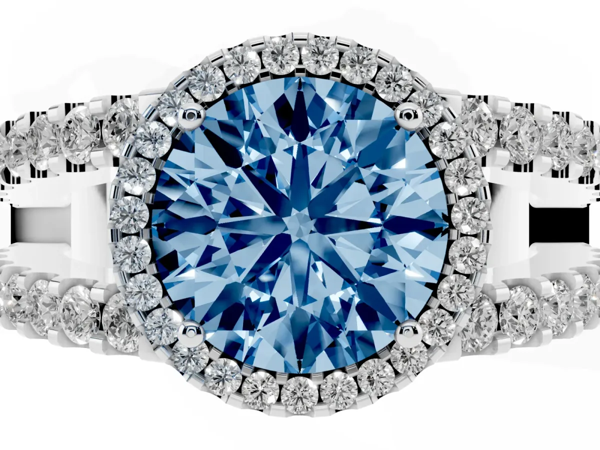 Fancy Blue Round Cut Cut Halo Split Shank Diamond Ring with Four-Prong Setting Platinum
