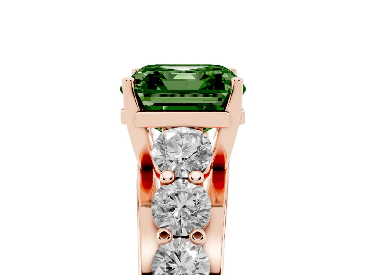 Fancy Green Asscher Cut Diamond Engagement Ring with Pavé Band and Four-Prong Setting Rose gold