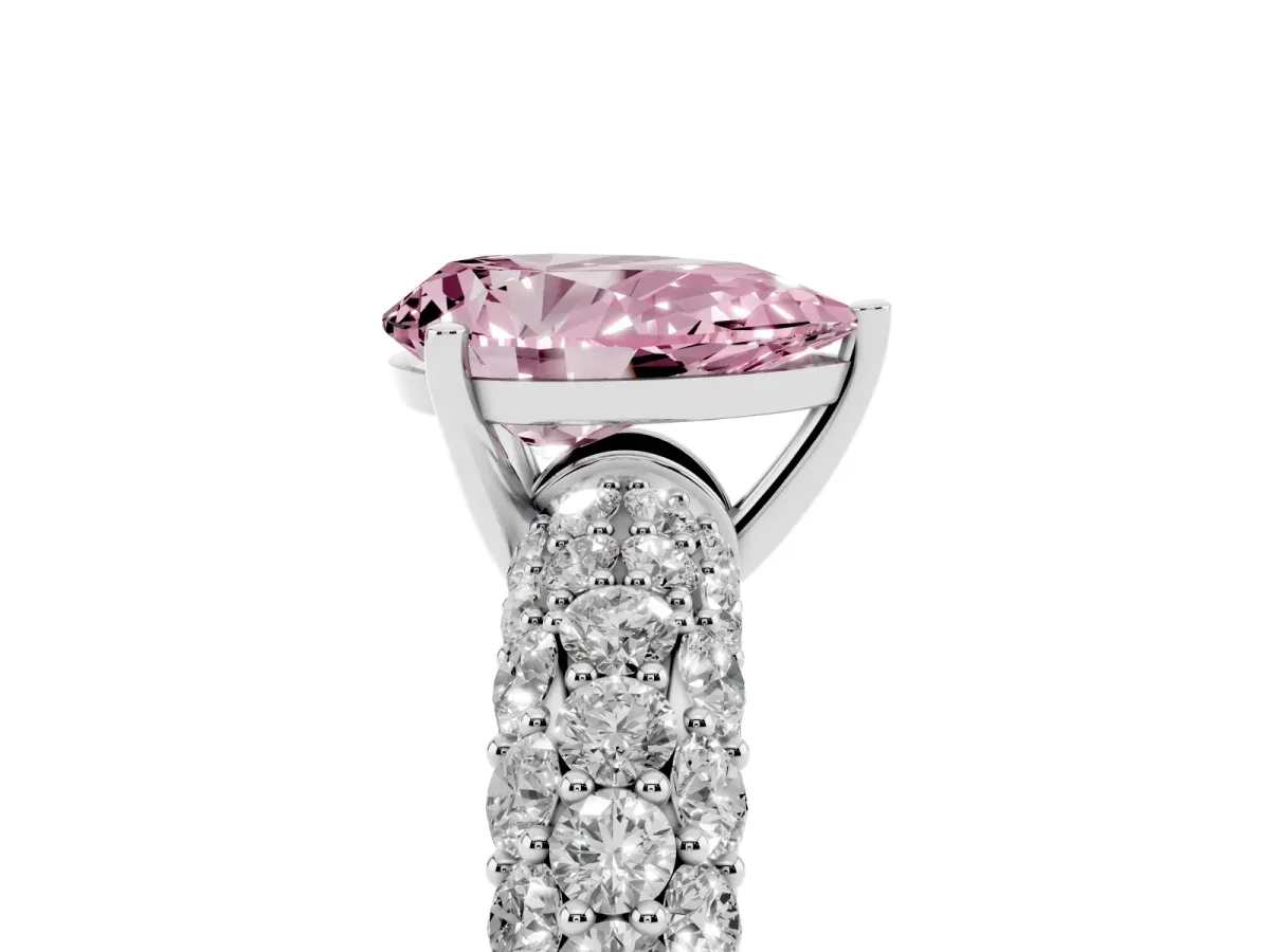 Fancy Pink Pear Cut Diamond Pavé Band Solitaire Ring with Four-Prong Setting Silver