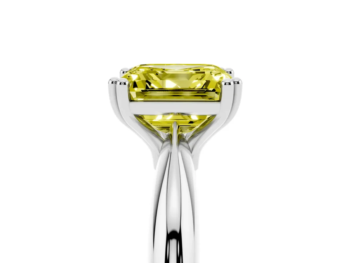 Fancy Yellow Asscher Cut Cut Solitaire Engagement Ring with Tapered Band and Four-Prong Setting Platinum