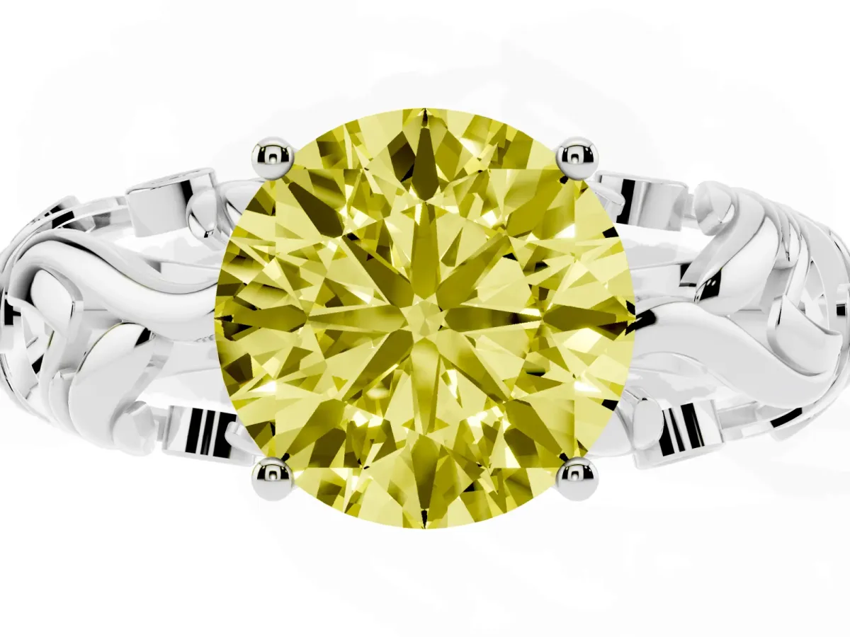 Fancy Yellow Round Cut Solitaire Diamond Leaf-Inspired Vine Band Ring with Prong Setting Silver