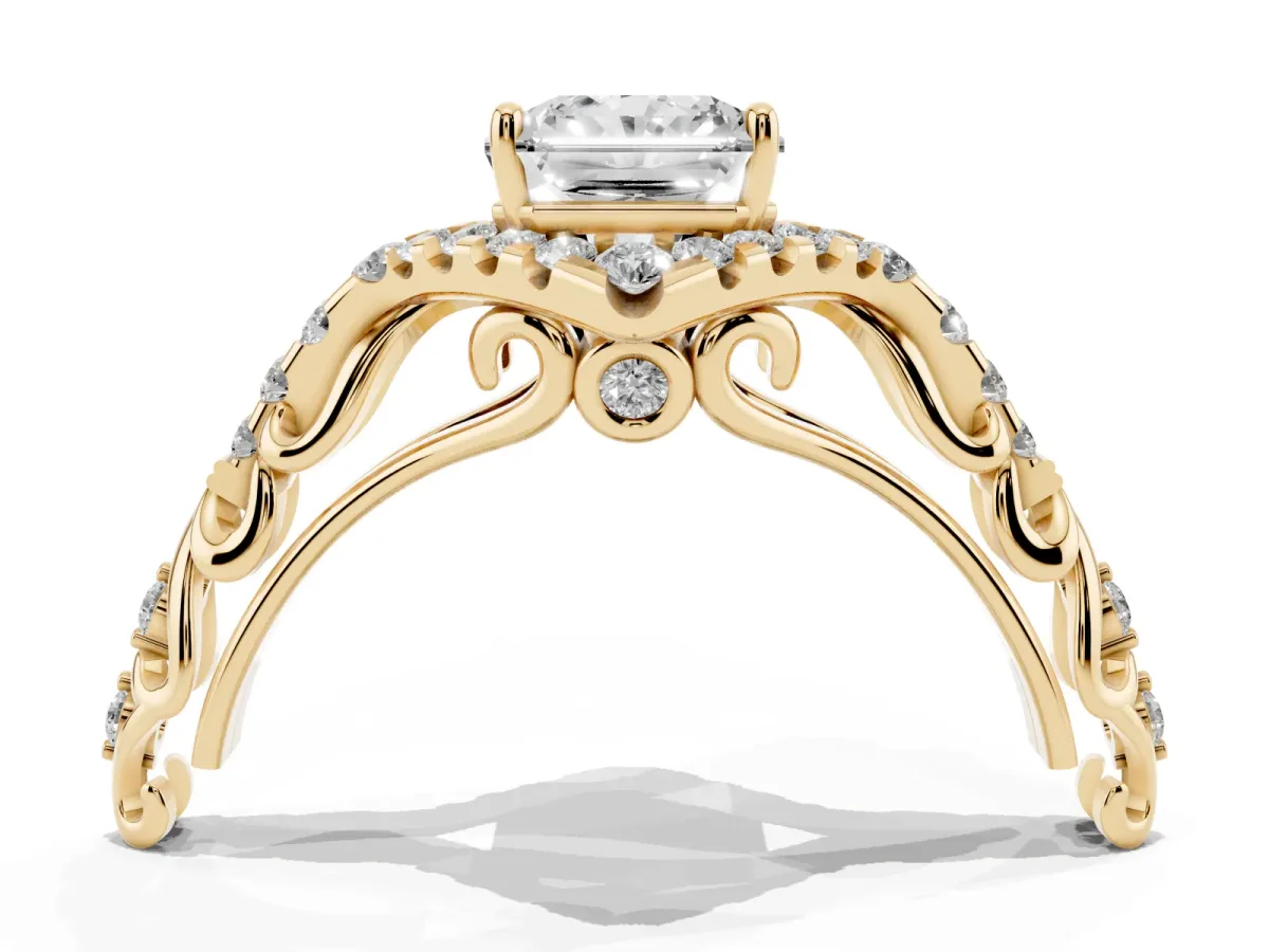 Radiant Cut Diamond Solitaire Ring with Hidden Halo and Pavé Band Yellow gold