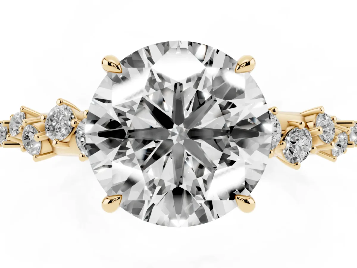 Round Cut Diamond Cluster Side Stone Solitaire Ring with Prong Setting Yellow gold