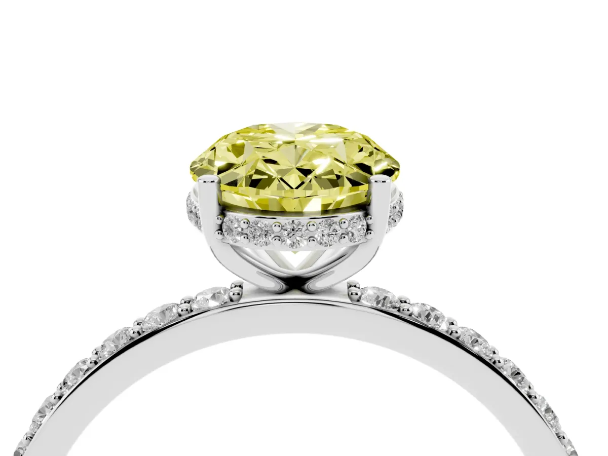 Fancy Yellow Oval Cut Diamond Solitaire Ring with Pavé Band and Hidden Halo Silver