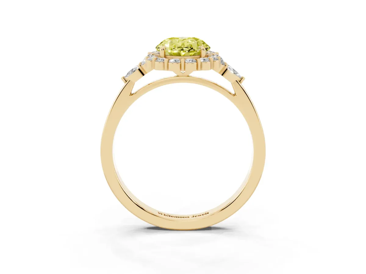 Fancy Yellow Oval Cut Diamond Halo Ring with Pear Side Stones and Prong Setting Yellow gold