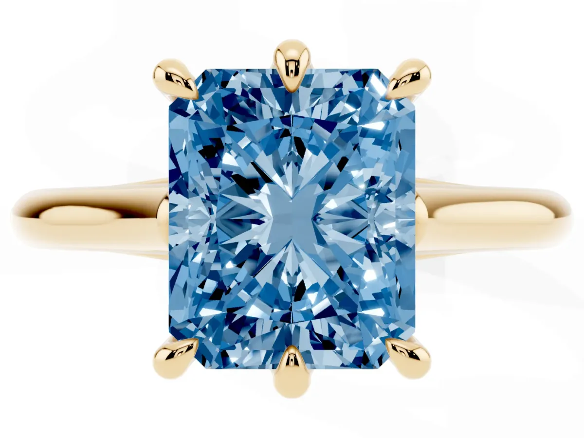 Fancy Blue Radiant Cut Solitaire Engagement Ring with Six-Prong Setting and Classic Band Yellow gold