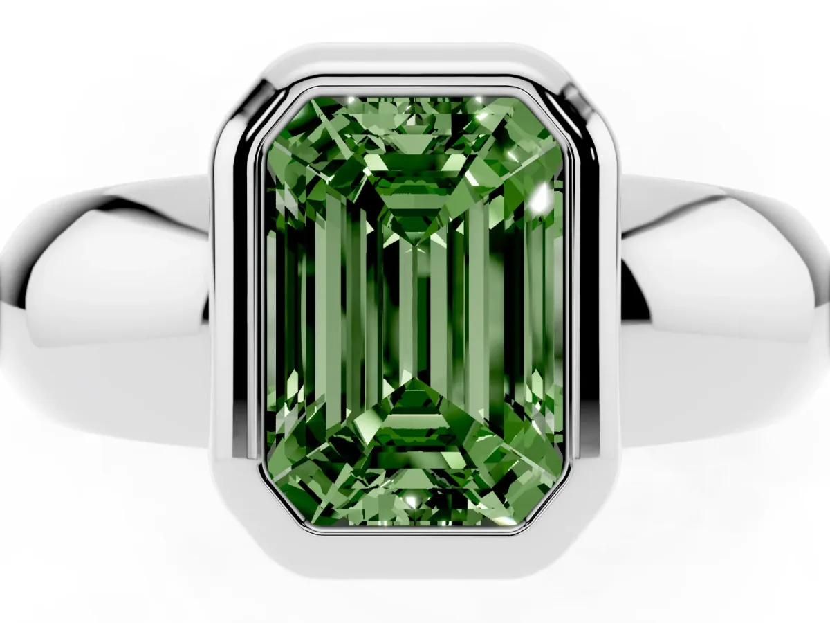 Fancy Green Bezel Set Emerald Cut Solitaire Ring with Wide Band Platinum