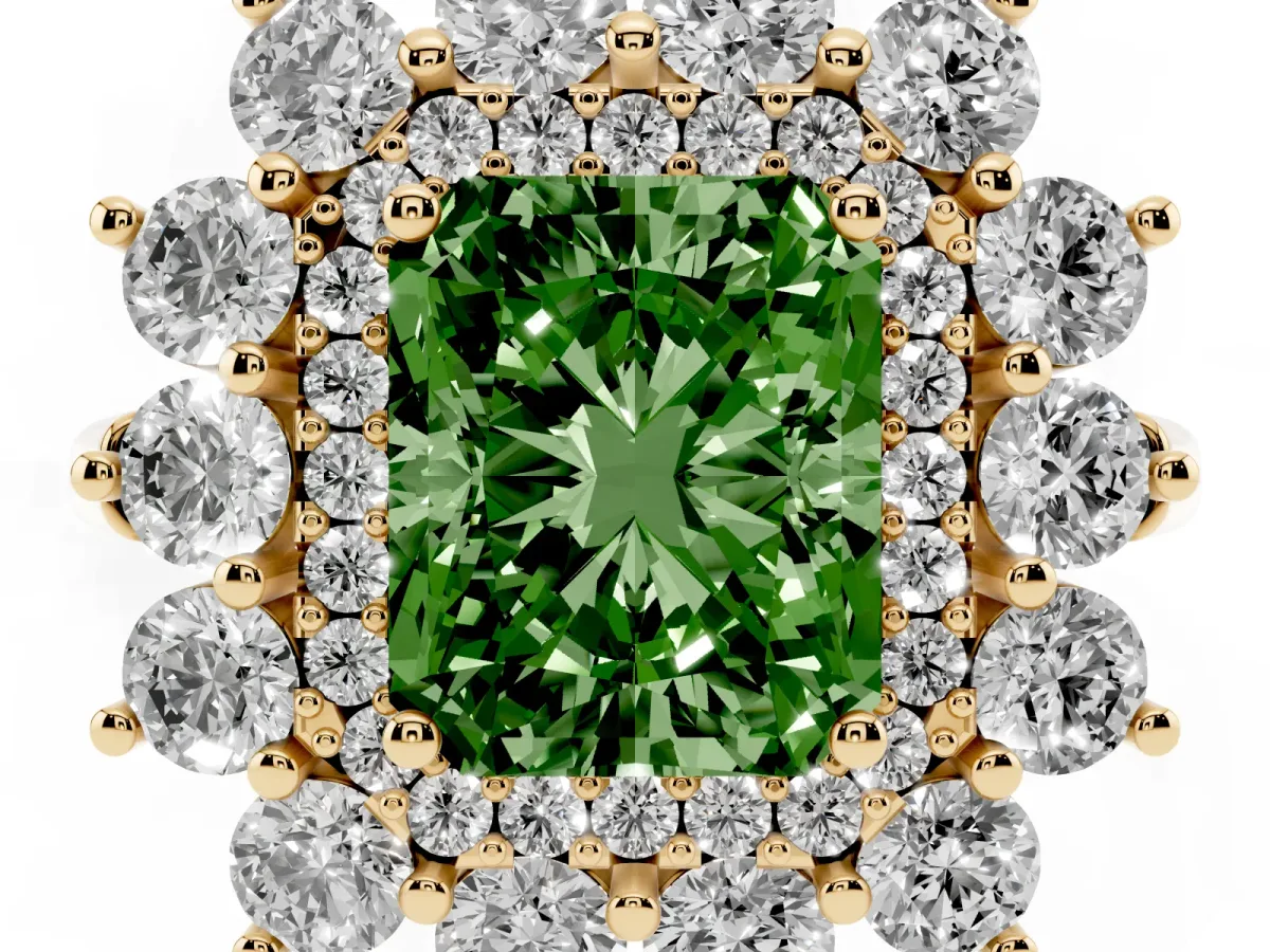 Fancy Green Radiant Cut Diamond Floral Double Halo Engagement Ring with Prong Setting Yellow gold