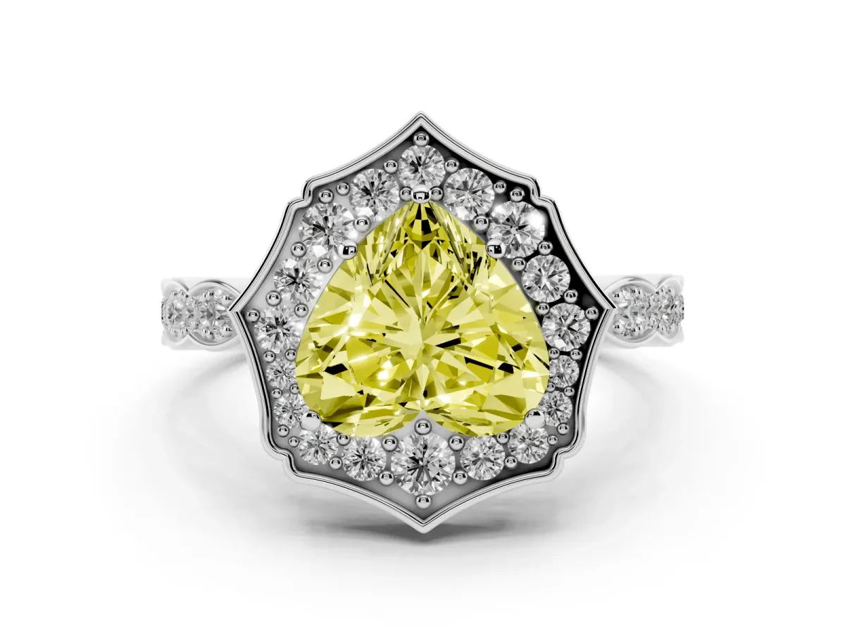 Fancy Yellow Heart Cut Halo Diamond Engagement Ring with Milgrain Band and Four-Prong Setting White gold