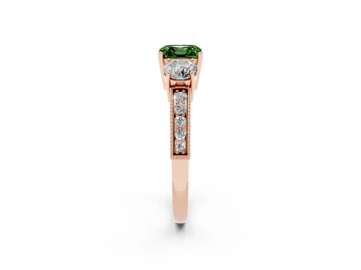 Fancy Green Asscher Cut Three-Stone Diamond Ring with Pavé Band and Four-Prong Setting Rose gold