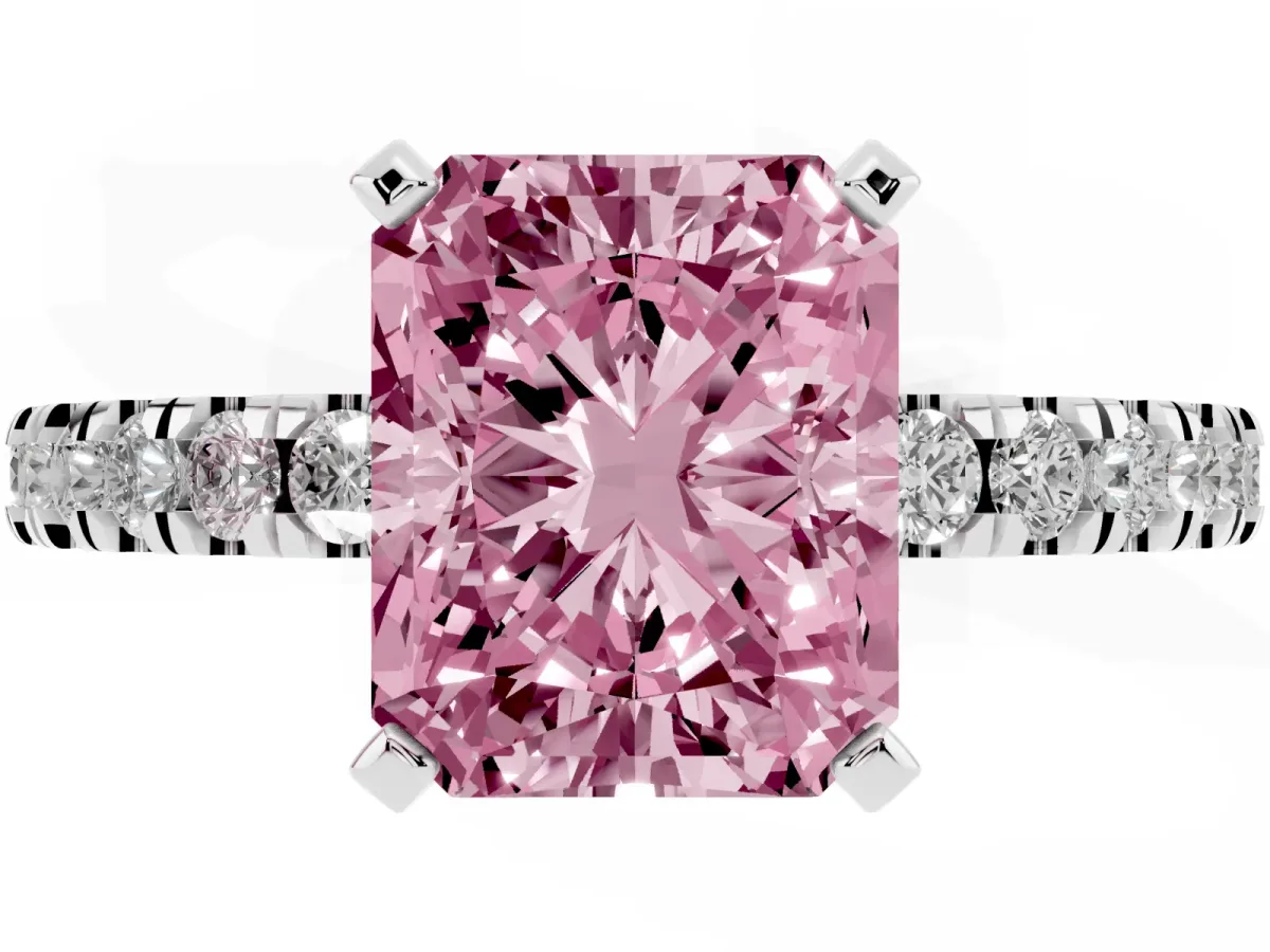 Fancy Pink Radiant Cut Solitaire Diamond with Pavé Band and Four-Prong Setting White gold