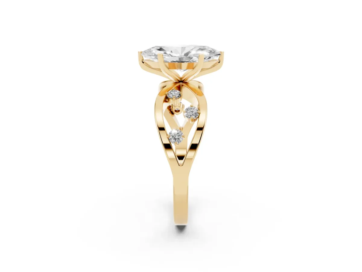Marquise Cut Cut Solitaire Diamond with Side Stones on Criss-Cross Band and Four-Prong Setting Yellow gold