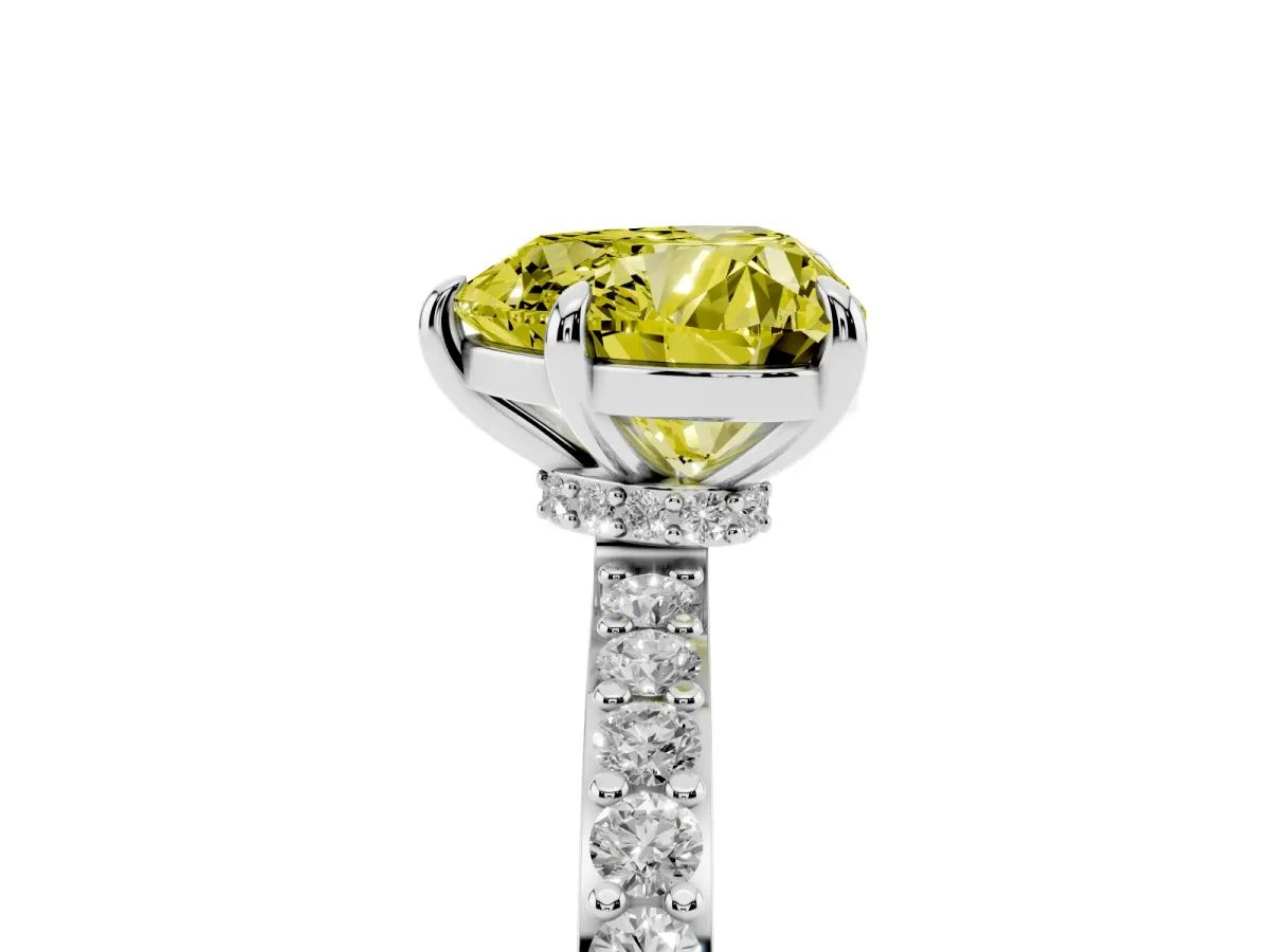 Fancy Yellow Heart Cut Diamond Pavé Engagement Ring with Round Accents and Prong Setting Silver