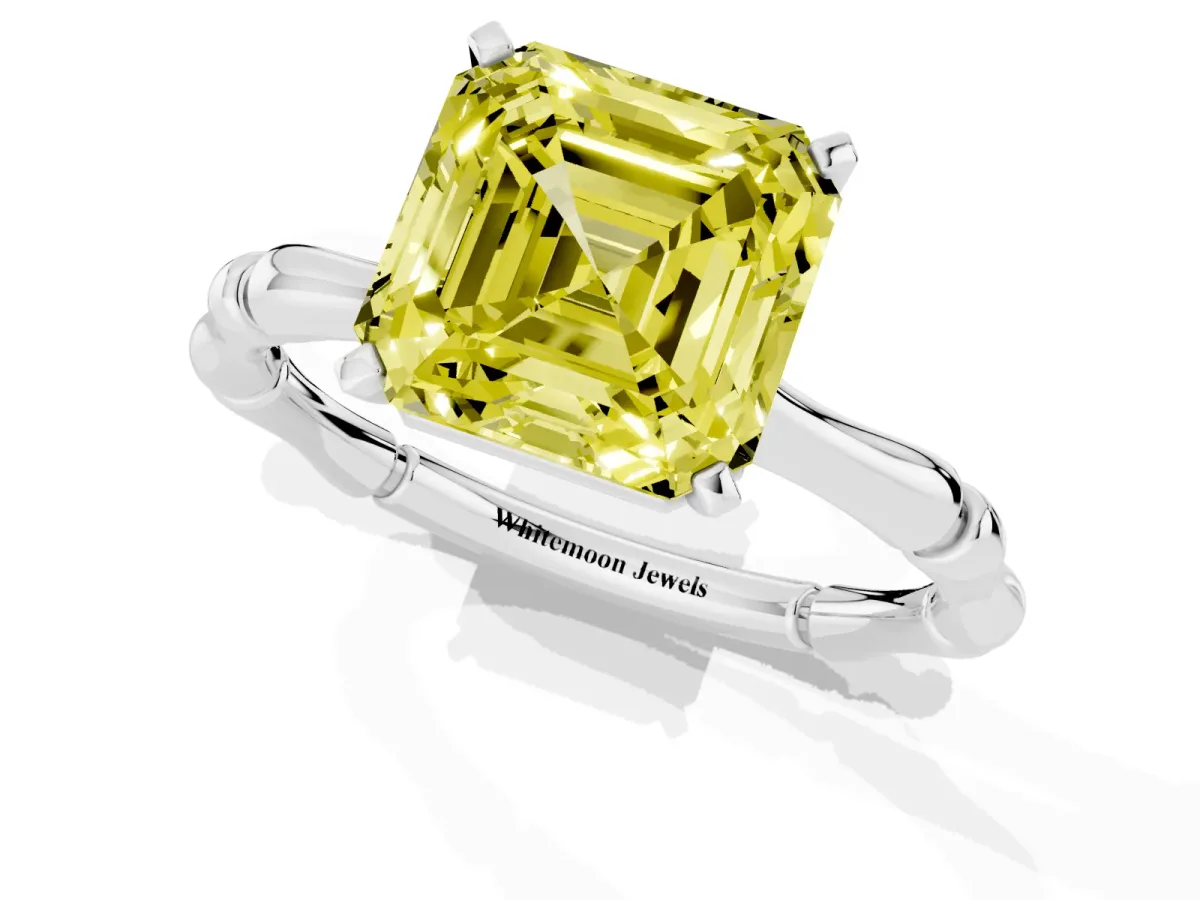 Fancy Yellow Asscher Cut Solitaire Diamond Ring with Bamboo Band and Four-Prong Setting Platinum