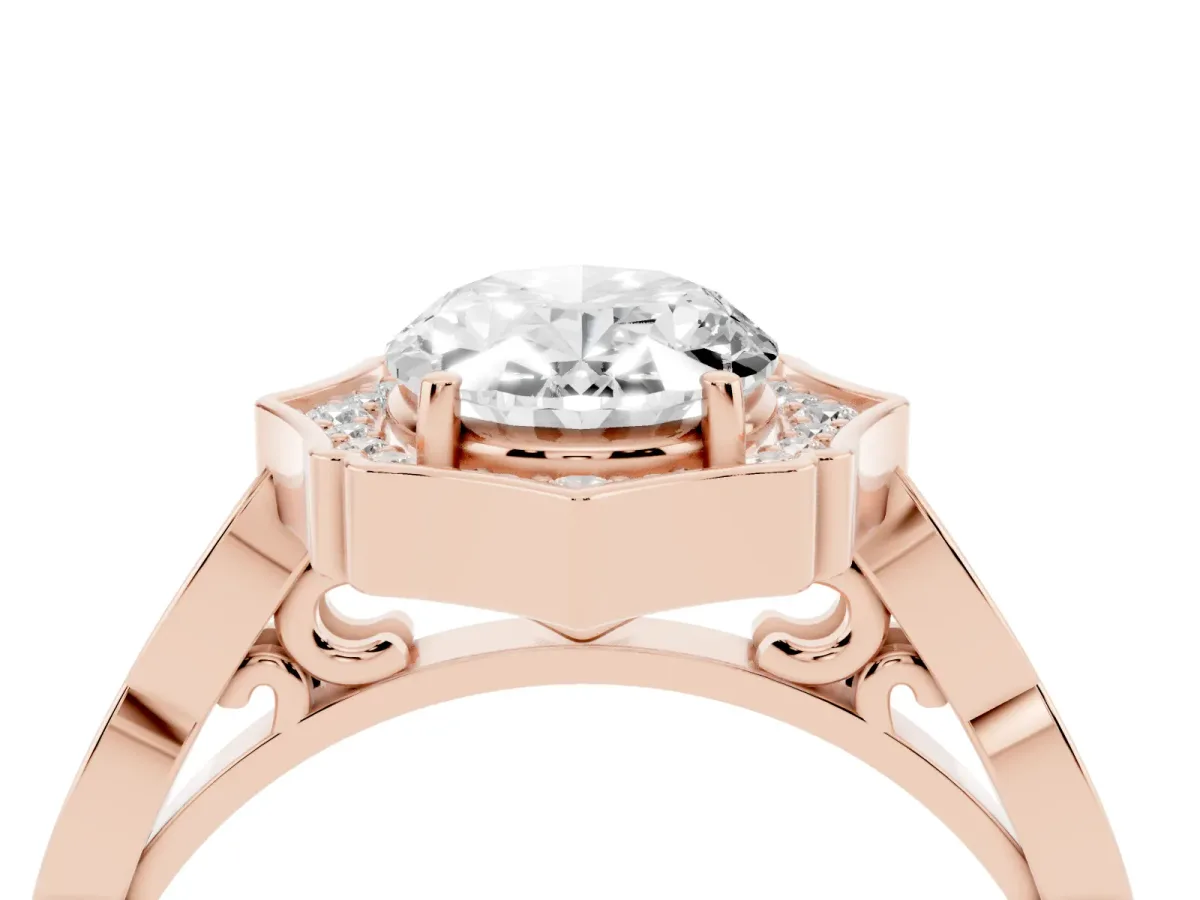 Oval Cut Halo Diamond Engagement Ring with Milgrain Band and Four-Prong Setting Rose gold
