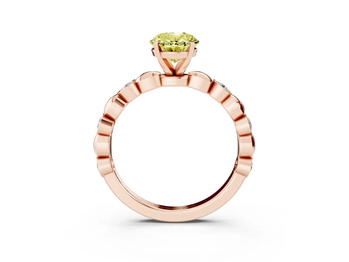 Fancy Yellow Oval Cut Solitaire Bezel-Set Diamond Ring with Beaded Band and Four-Prong Setting Rose gold