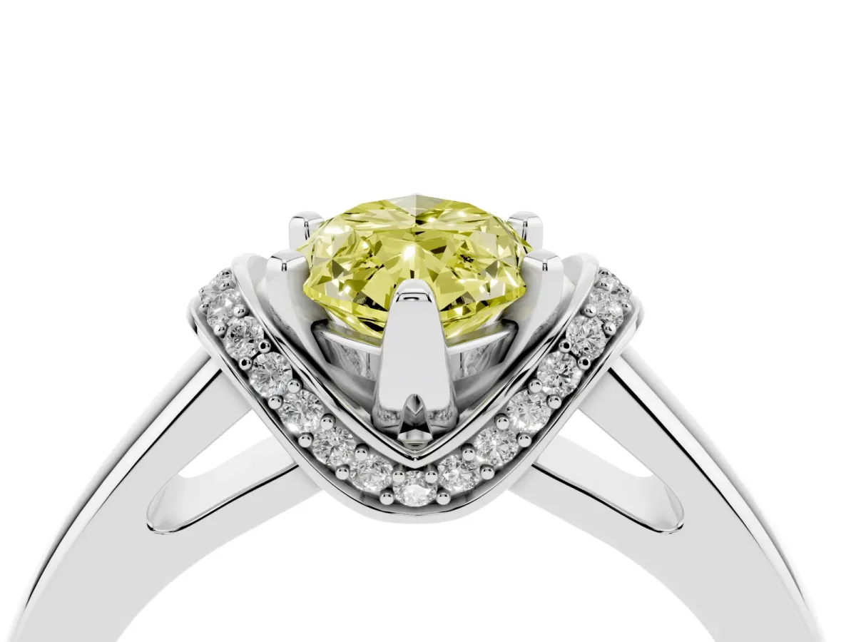Fancy Yellow Marquise Cut Solitaire Diamond Ring with Pave Band and Six-Prong Setting Silver