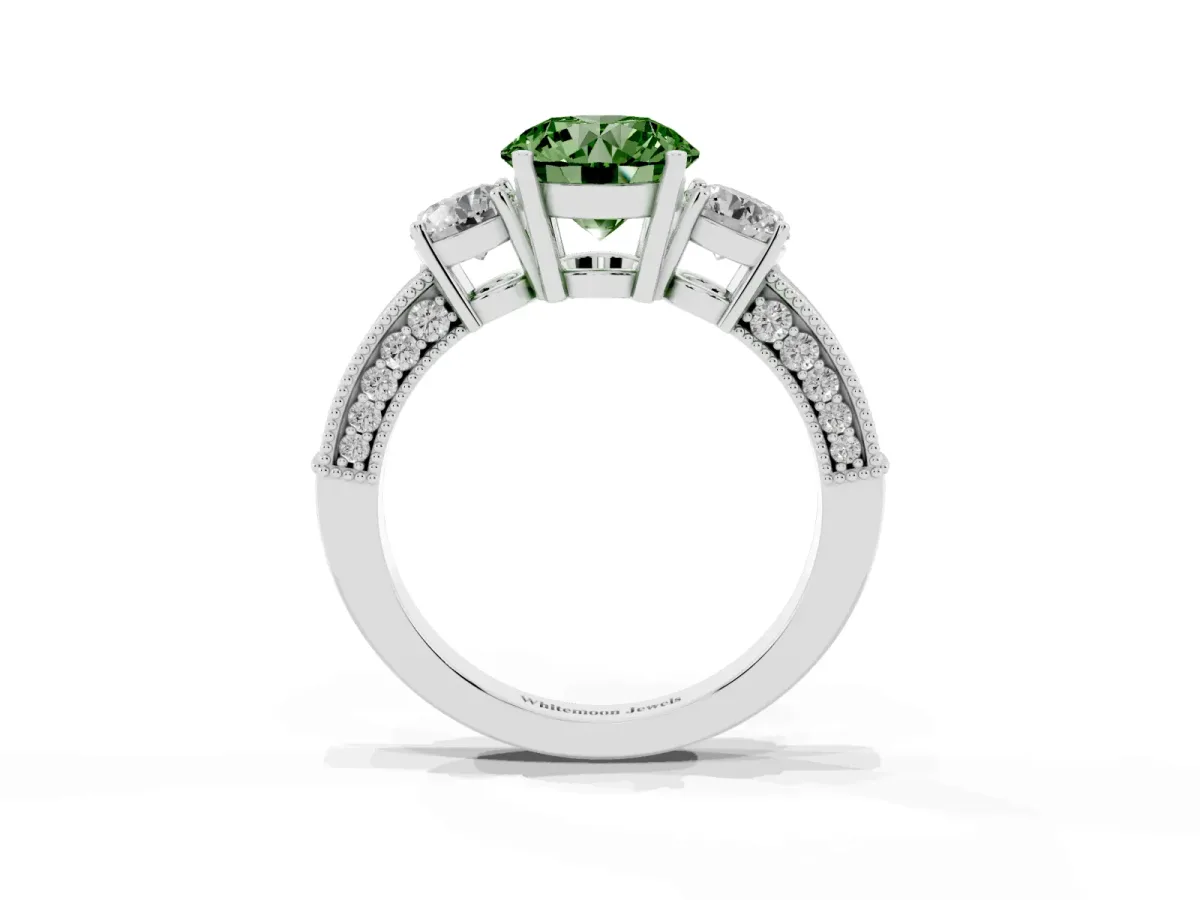 Fancy Green Round Cut Three-Stone Diamond Ring with Pavé Band and Four-Prong Setting Silver