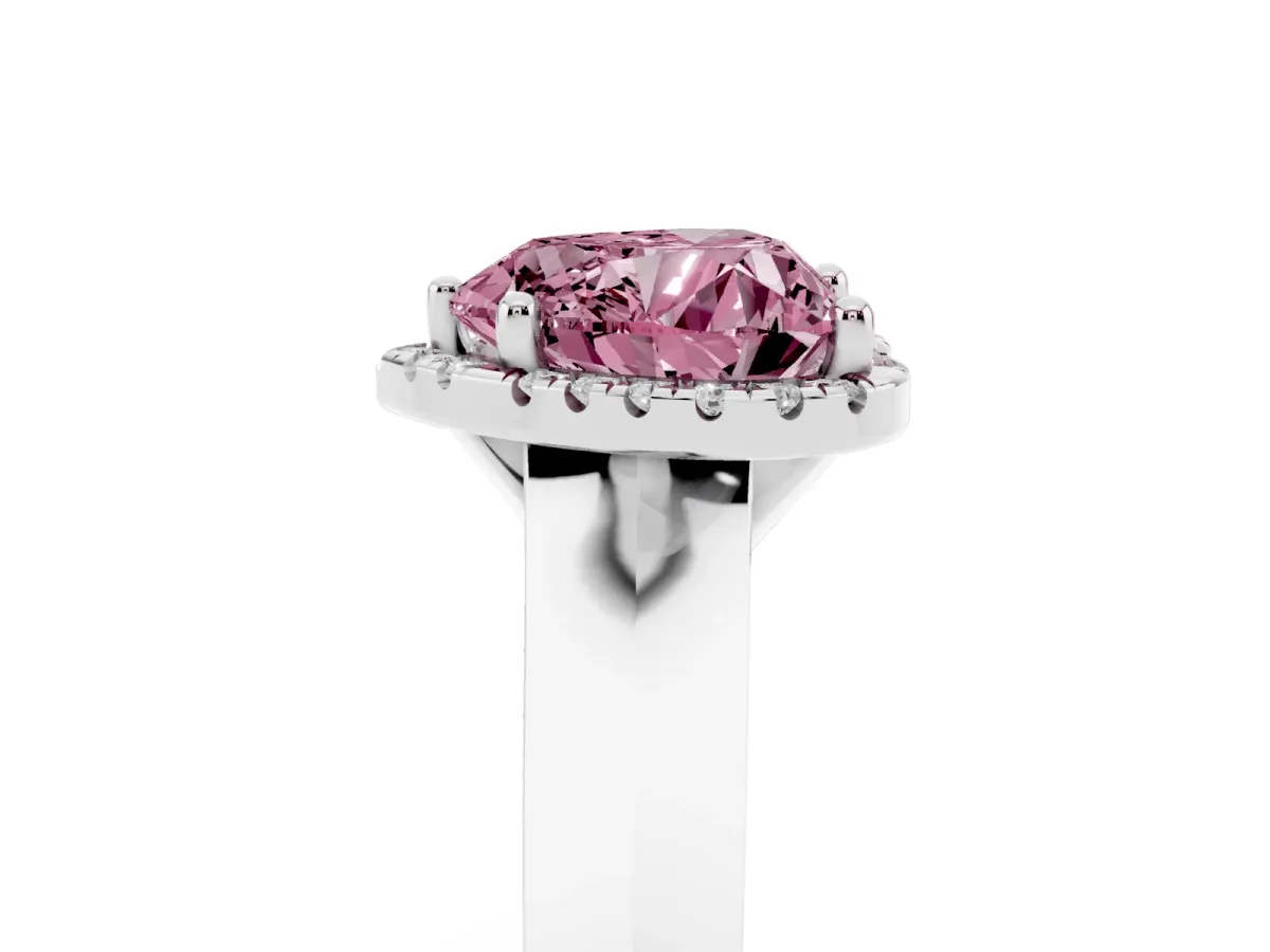Fancy Pink Heart Cut Halo Diamond Ring with Cathedral Band and Four-Prong Setting Silver