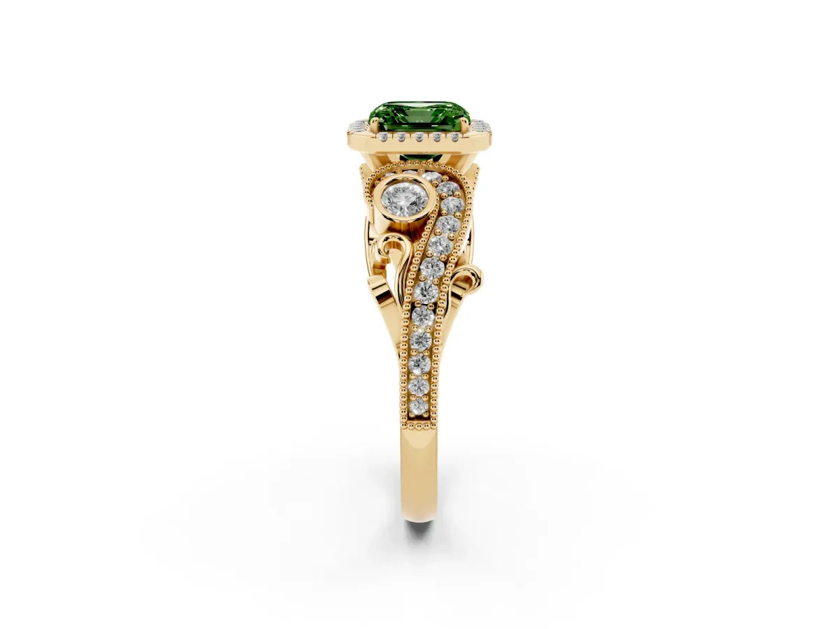 Fancy Green Asscher Cut Diamond Halo Ring with Milgrain Pavé Band and Four-Prong Setting Yellow gold