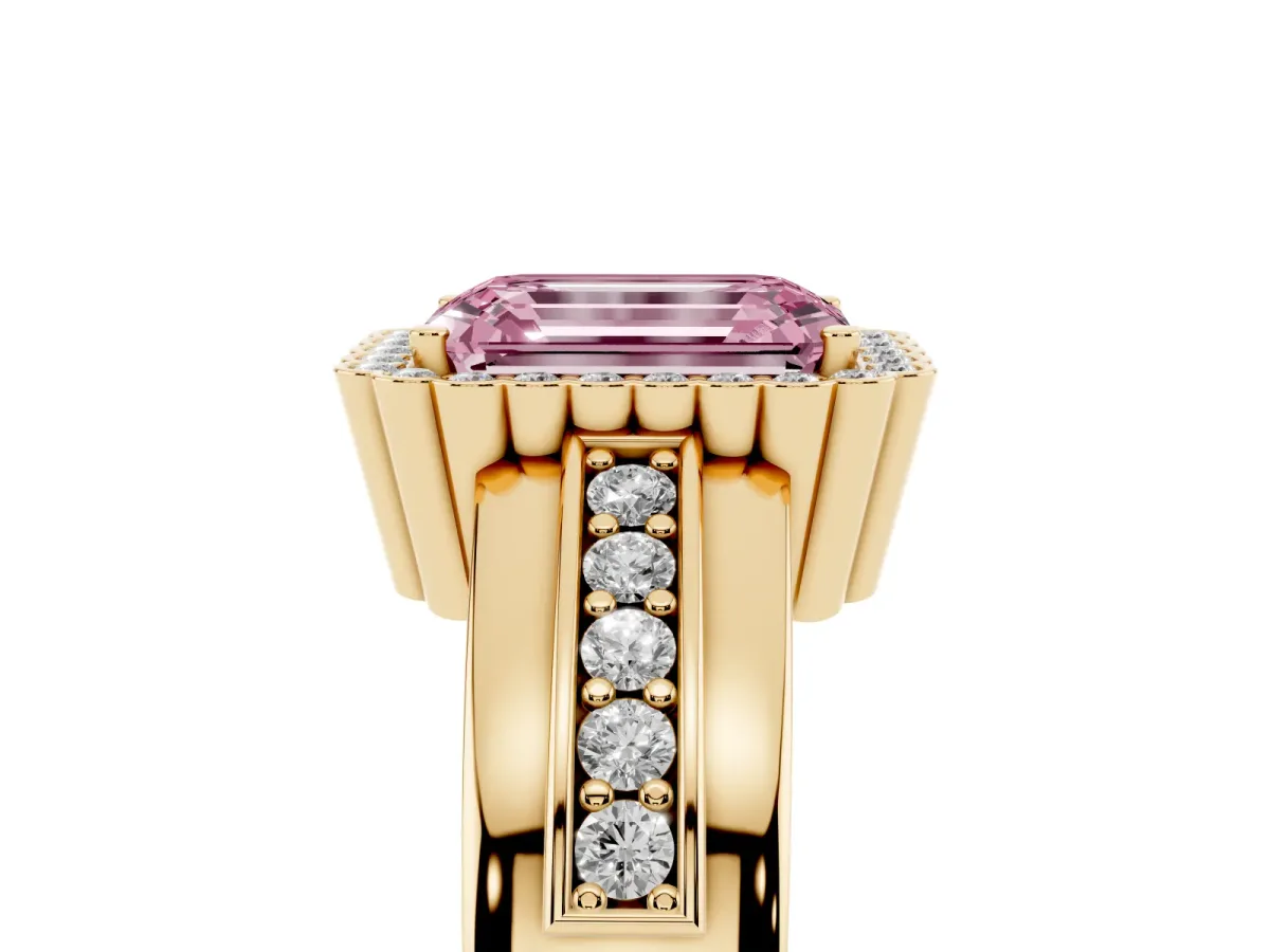 Fancy Pink Emerald Cut Cut Halo Pave Band Four-Prong Ring Yellow gold