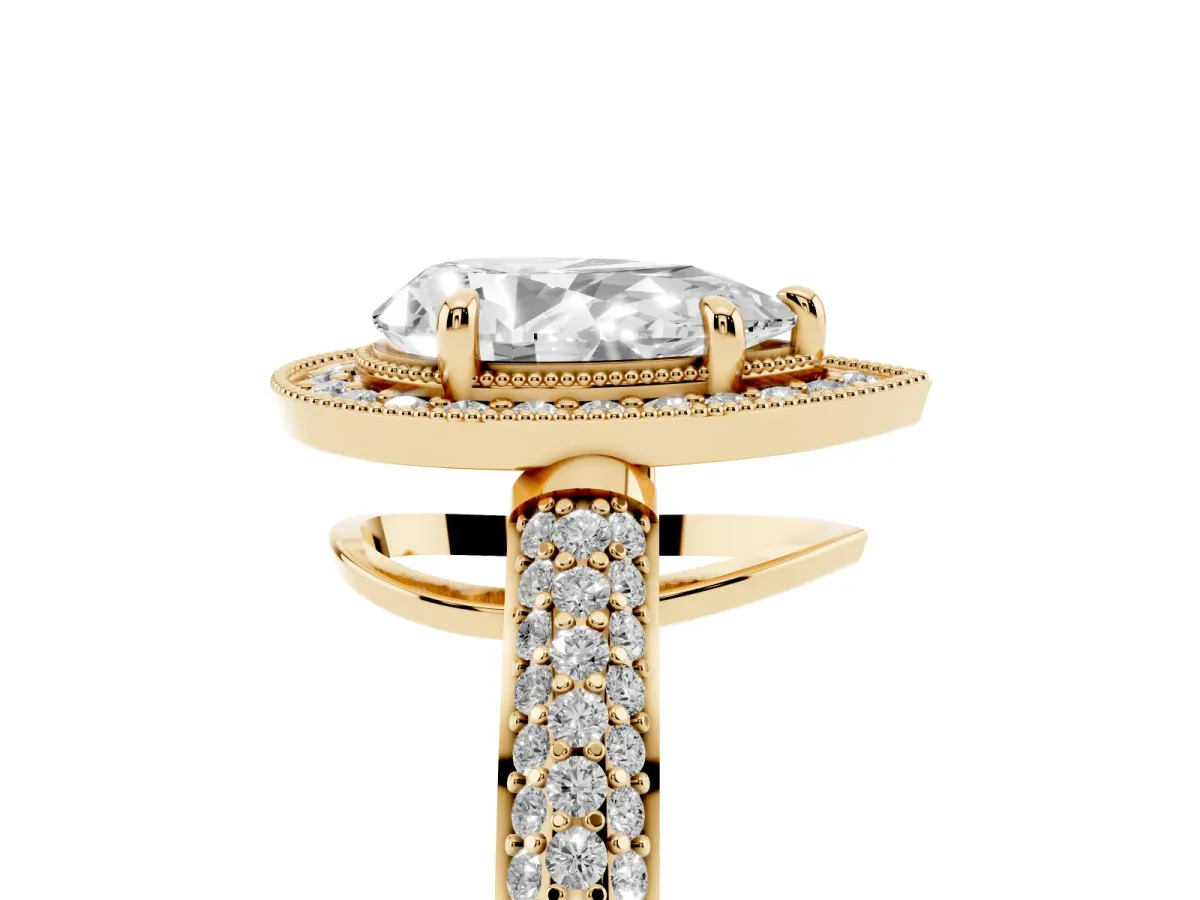 Pear Cut Cut Halo Diamond Pave Band with Four-Prong Setting Yellow gold