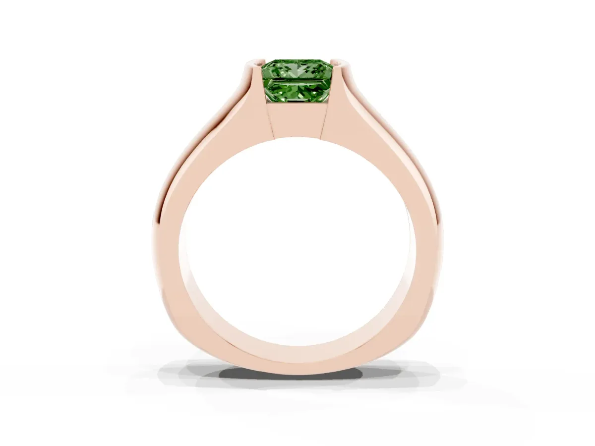 Fancy Green Princess Cut Solitaire Bezel Set Diamond Ring with Wide Band Rose gold