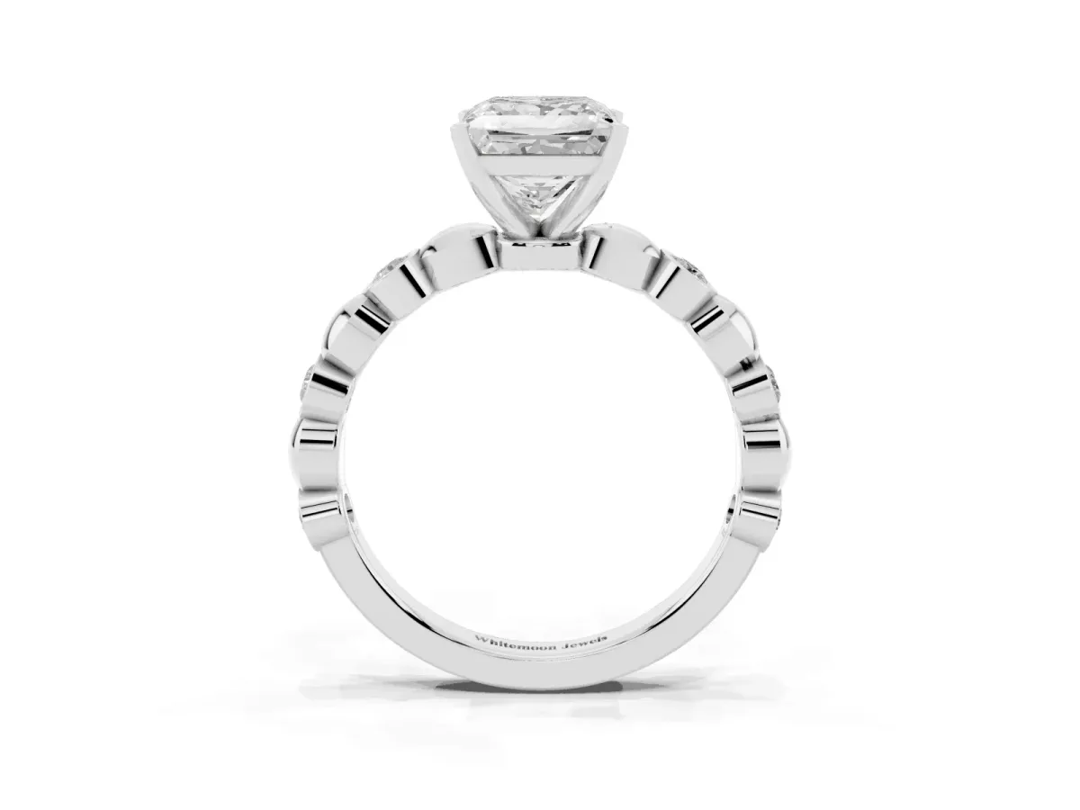 Princess Cut Solitaire Bezel-Set Diamond Ring with Beaded Band and Four-Prong Setting Silver