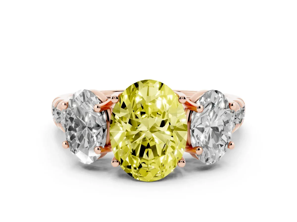 Fancy Yellow Three-Stone Oval Cut Diamond Pavé Band with Prong Setting Rose gold
