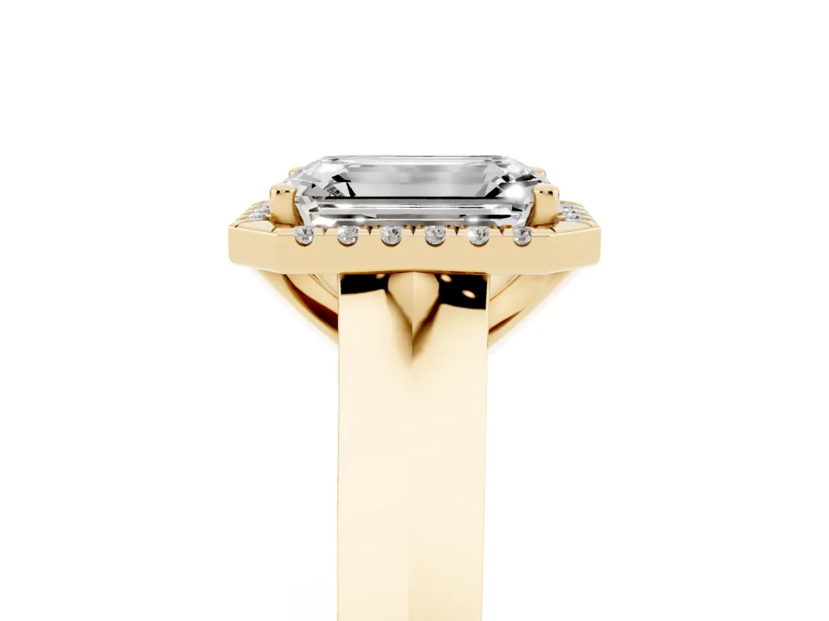 Emerald Cut Halo Diamond Ring with Cathedral Band and Four-Prong Setting Yellow gold