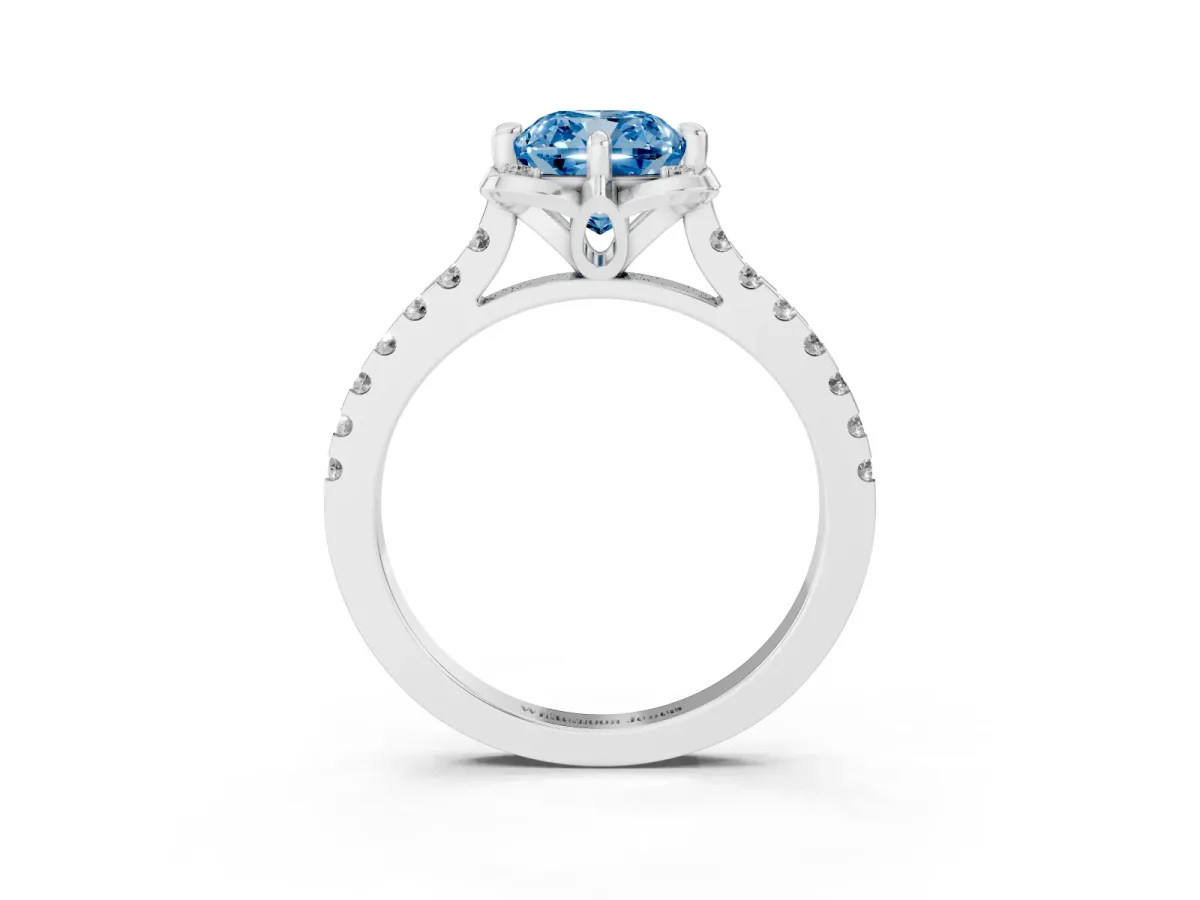 Fancy Blue Cushion Cut Diamond Ring with Pavé Band and Floral Prong Setting Silver