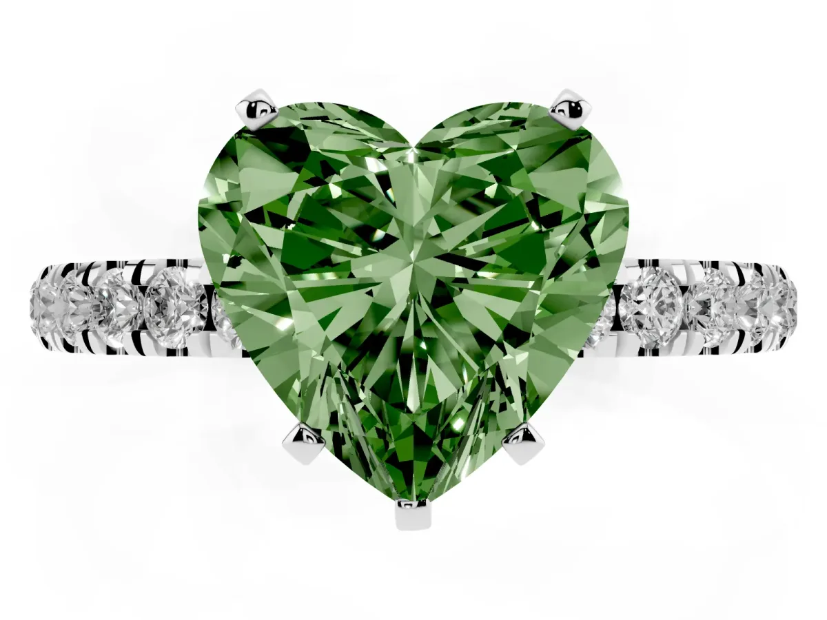 Fancy Green Heart Cut Diamond Solitaire Ring with Pavé Accents and Four-Prong Setting Platinum