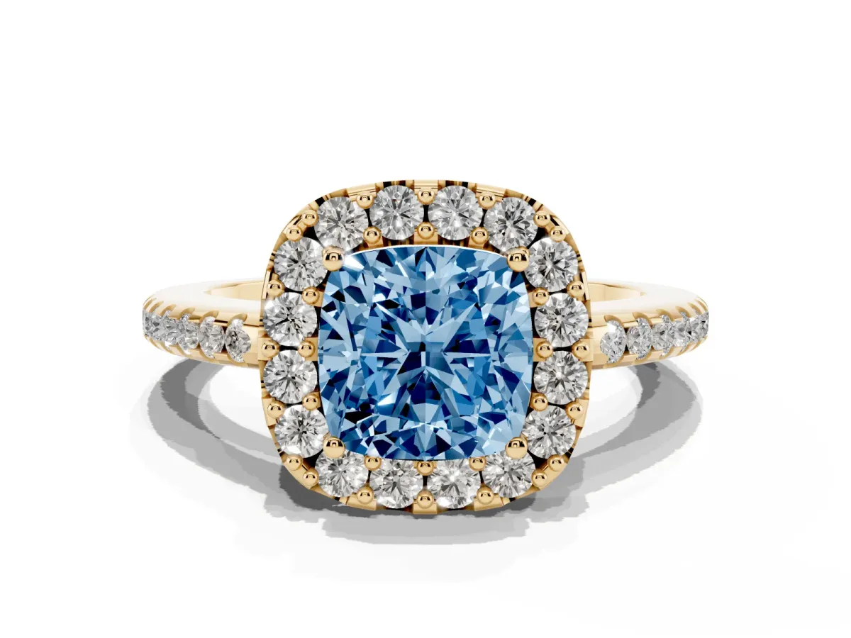 Fancy Blue Cushion Cut Diamond Pavé Halo Ring with Four-Prong Setting Yellow gold