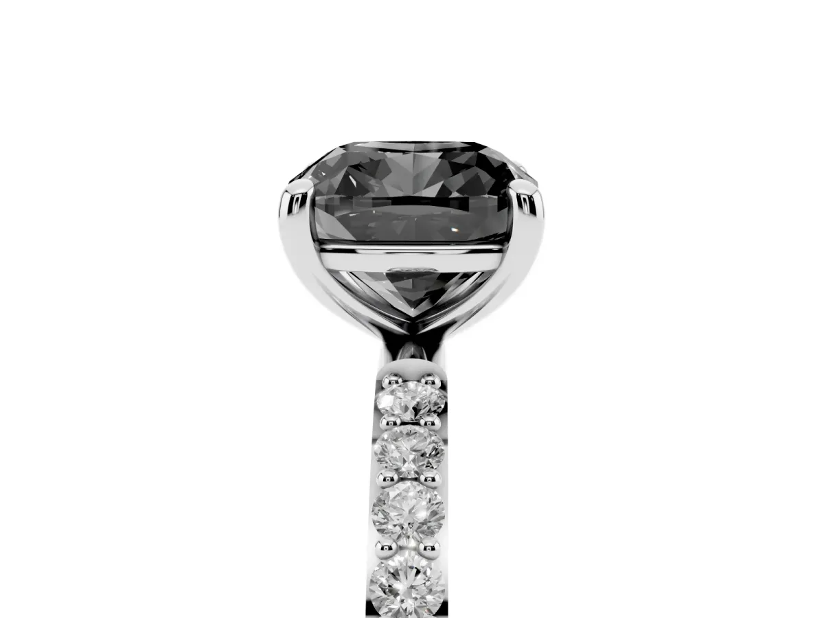 Fancy Black Cushion Cut Diamond Solitaire Ring with Round Pavé Band and Prong Setting Silver