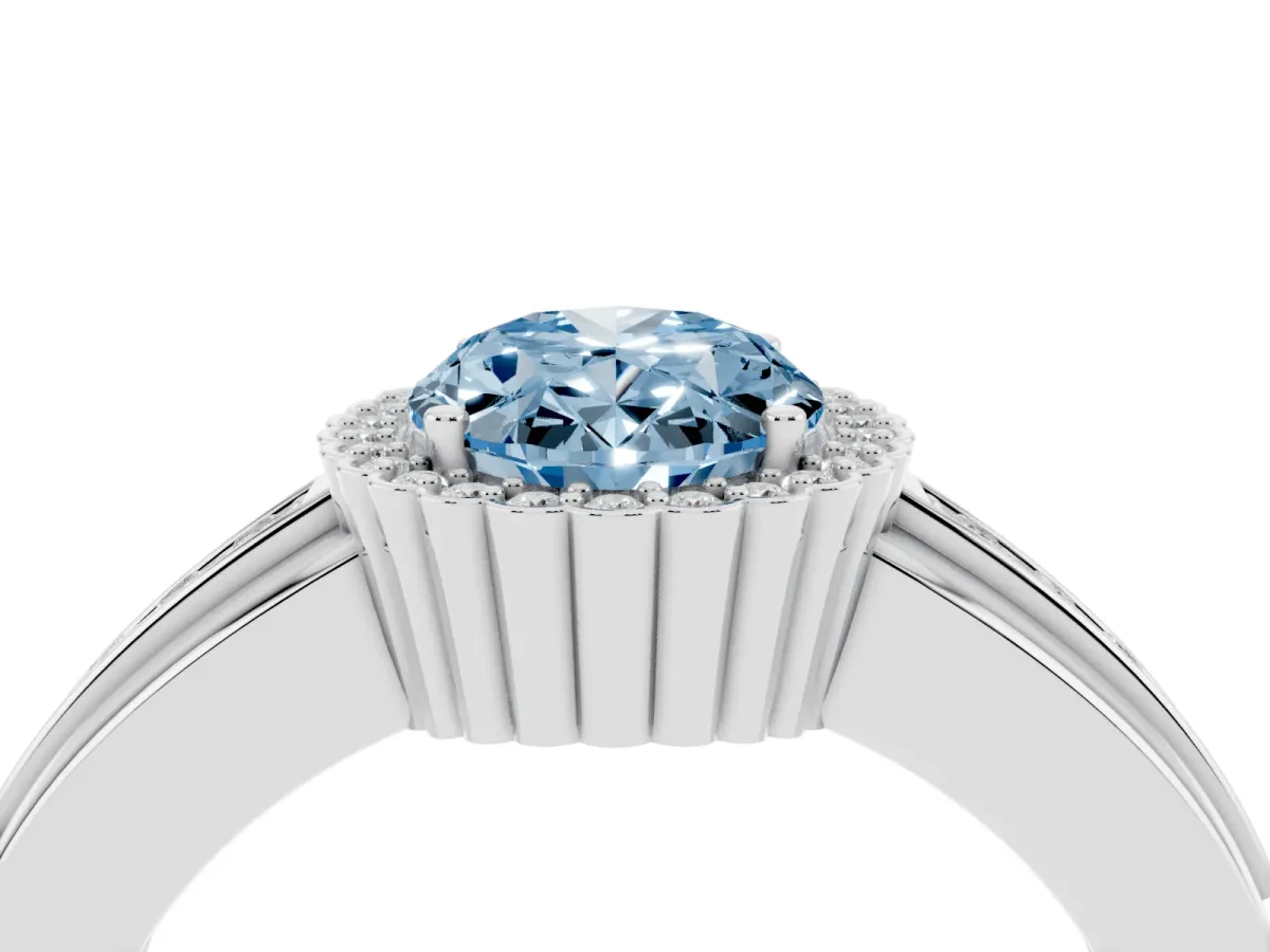 Fancy Blue Oval Cut Cut Halo Pave Band Four-Prong Ring Silver