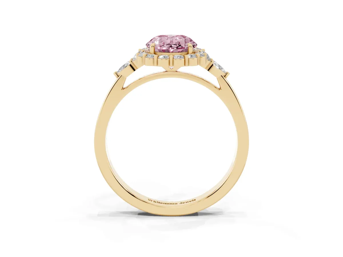 Fancy Pink Oval Cut Diamond Halo Ring with Pear Side Stones and Prong Setting Yellow gold