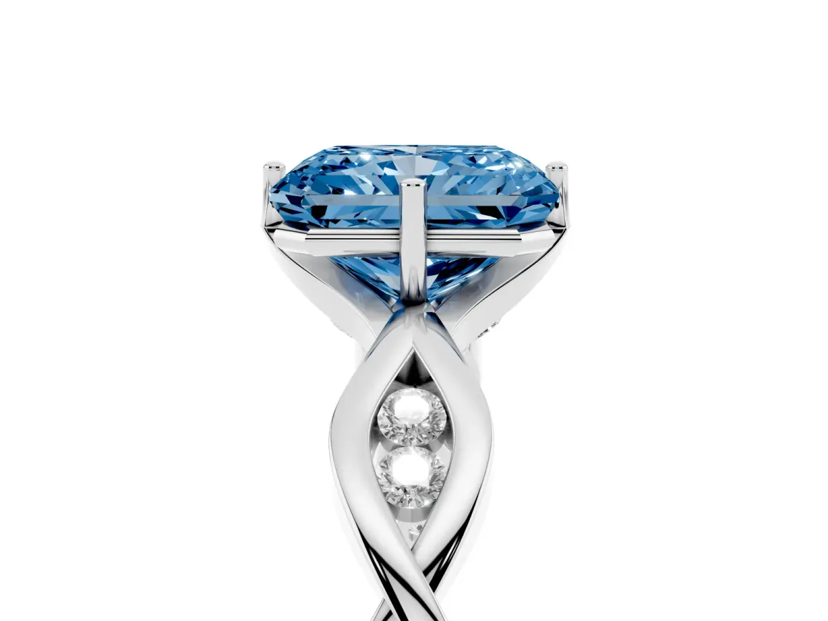 Fancy Blue Radiant Cut Solitaire Twist Band with Leaf Prong Setting Silver