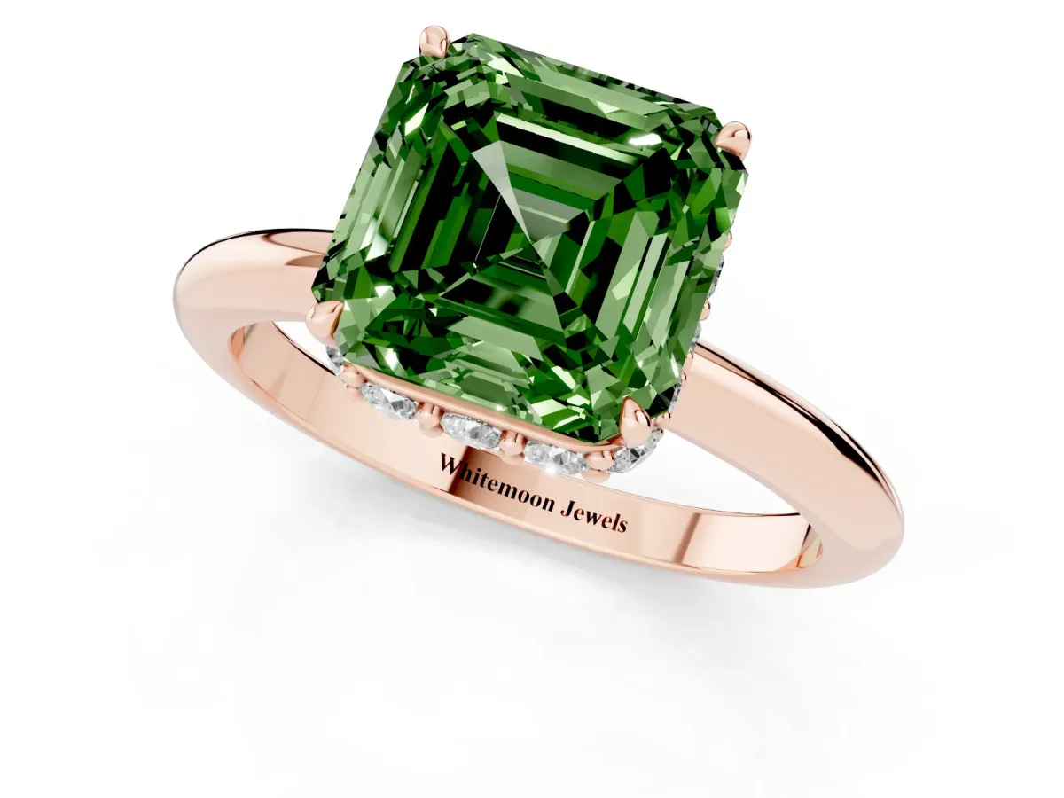 Fancy Green Asscher Cut Brilliant Solitaire Engagement Ring with Six-Prong Setting and Classic Band Rose gold
