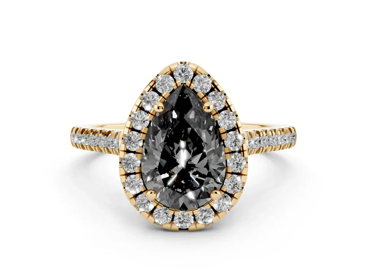 Fancy Black Pear Cut Diamond Cushion Halo Ring with Pavé Band Yellow gold