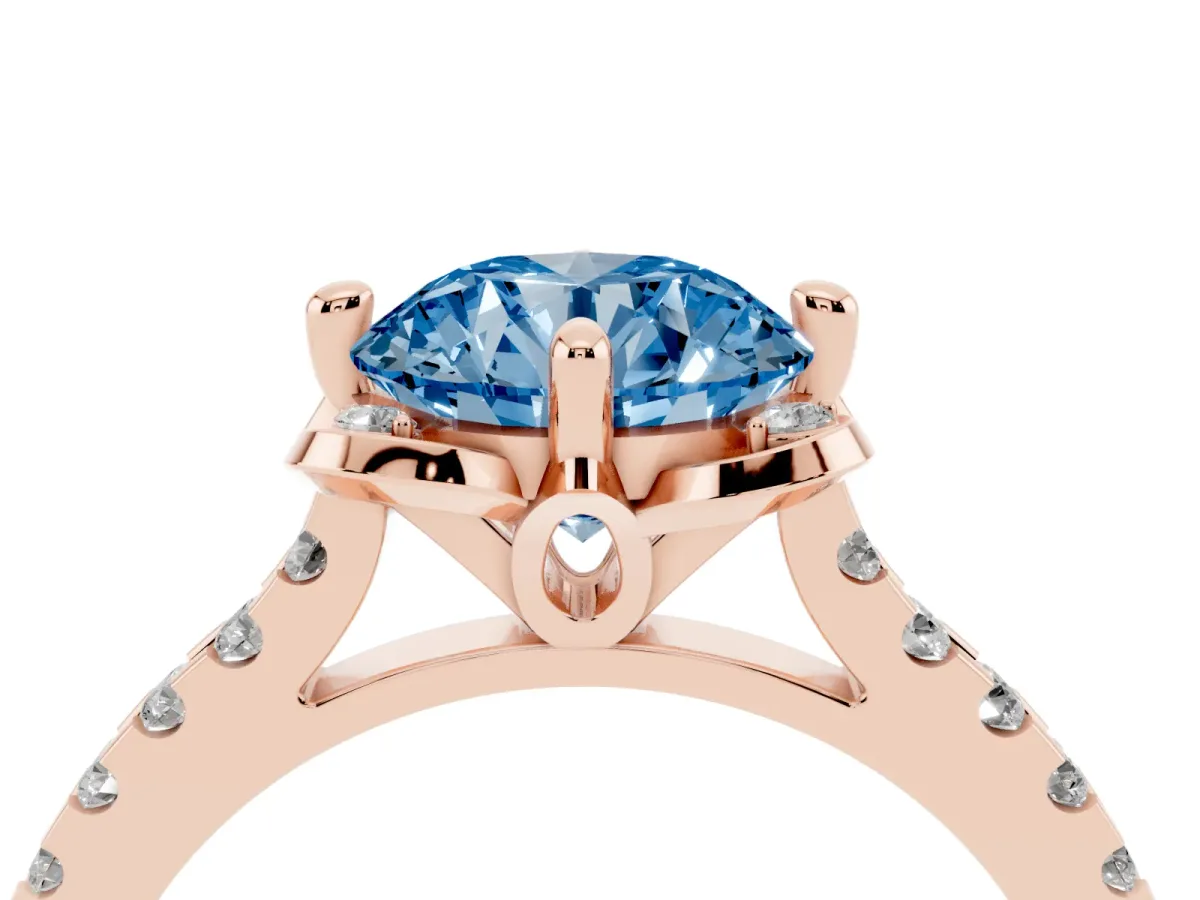Fancy Blue Round Cut Diamond Ring with Pavé Band and Floral Prong Setting Rose gold