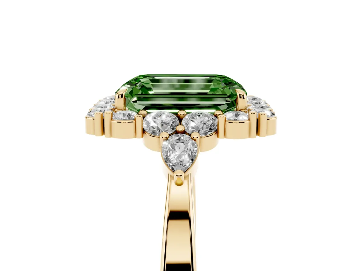 Fancy Green Emerald Cut Diamond Halo Ring with Pear Side Stones and Prong Setting Yellow gold