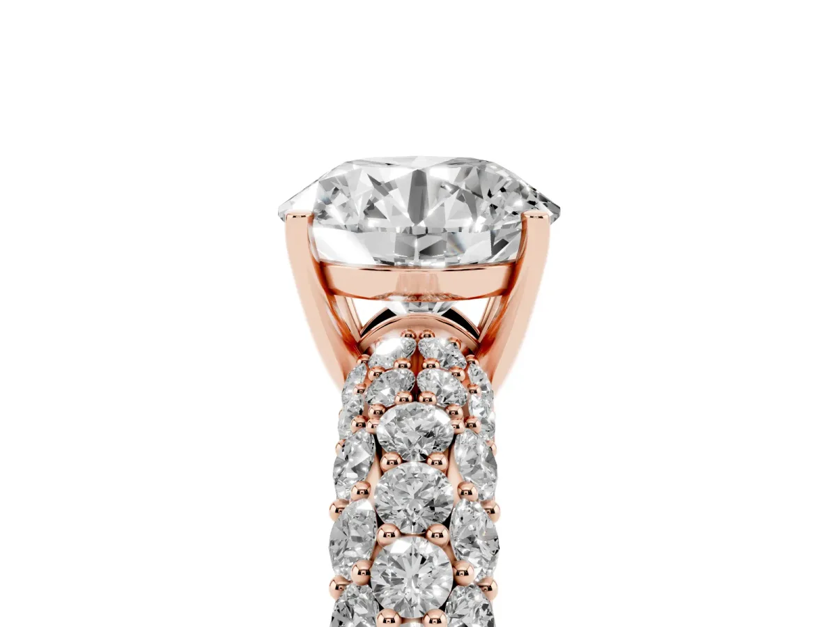 Round Cut Diamond Pavé Band Solitaire Ring with Four-Prong Setting Rose gold